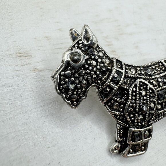 Scotty Dog Scottish Terrier Brooch Pin Silver Tone Marcasite Rhinestone 1 3/4” B - Picture 3 of 8